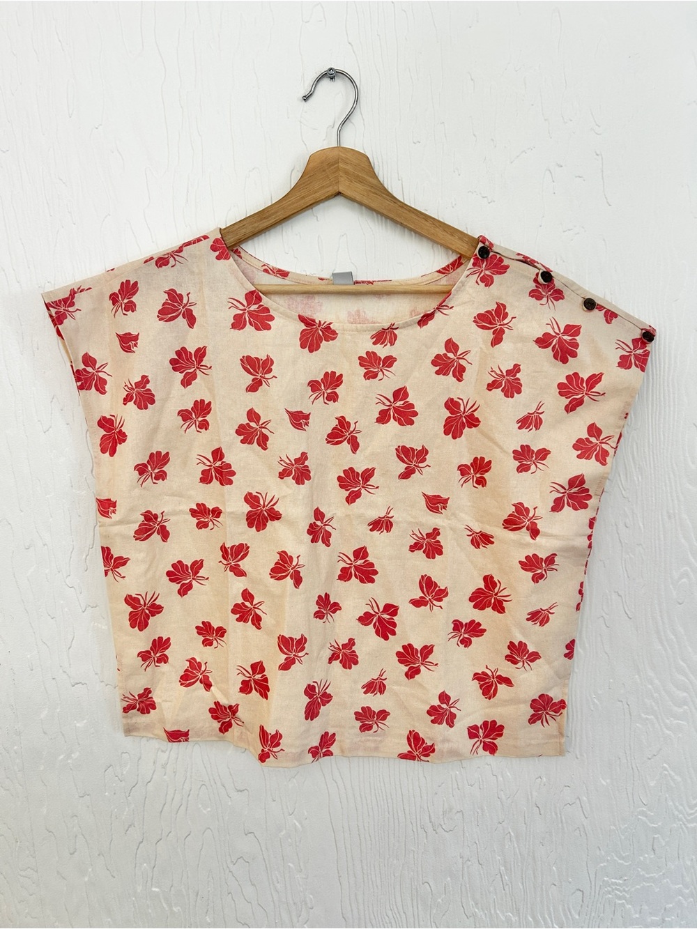 HILO‎ HAWAII Linen Tropical Floral Print Boxy Top XL Tan Pink Resort Beach Surf